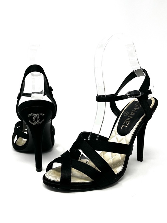 CHANEL Shoes - Chanel Strappy Black Satin Silver Crystal CC Logo High Heels Sandals Shoes 37 7
